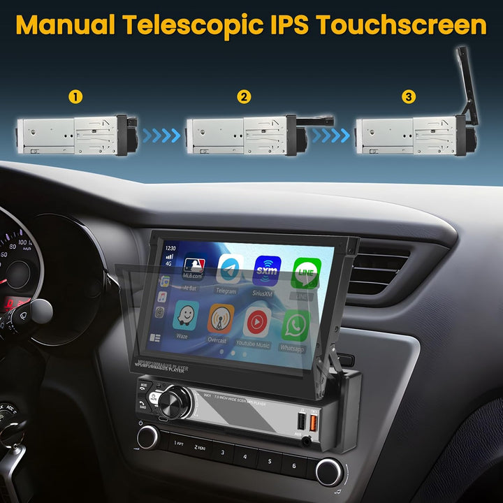 Hikity 1 Din Autoradio Wireless Carplay Andriod Auto 7 Zoll Manuelle Ausfahrbarem Bildchirm Auto Rad
