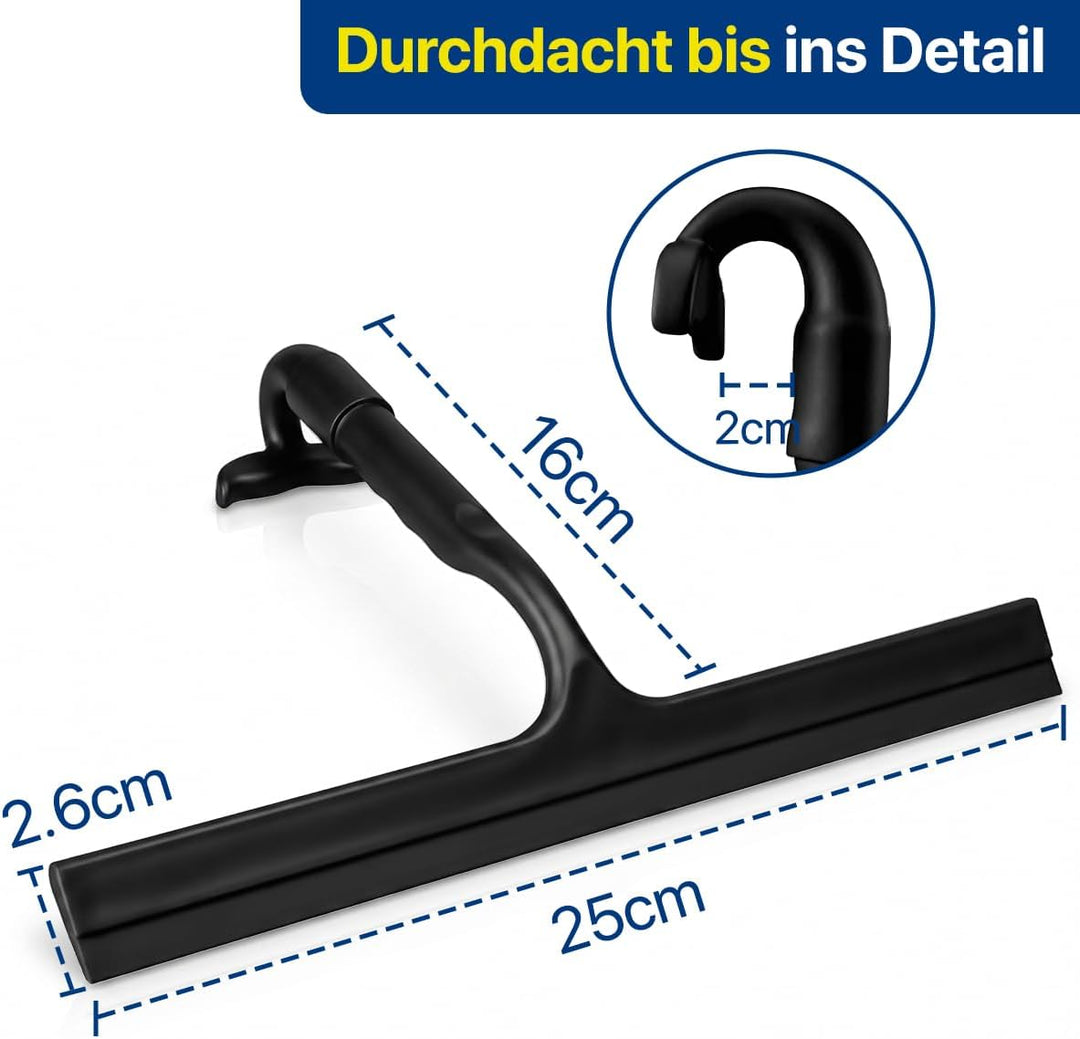 Zindoo Duschabzieher Schwarz Silikon 25 cm mit Haken für Dusche & Glas | Streifenfrei, Vollsilikon s