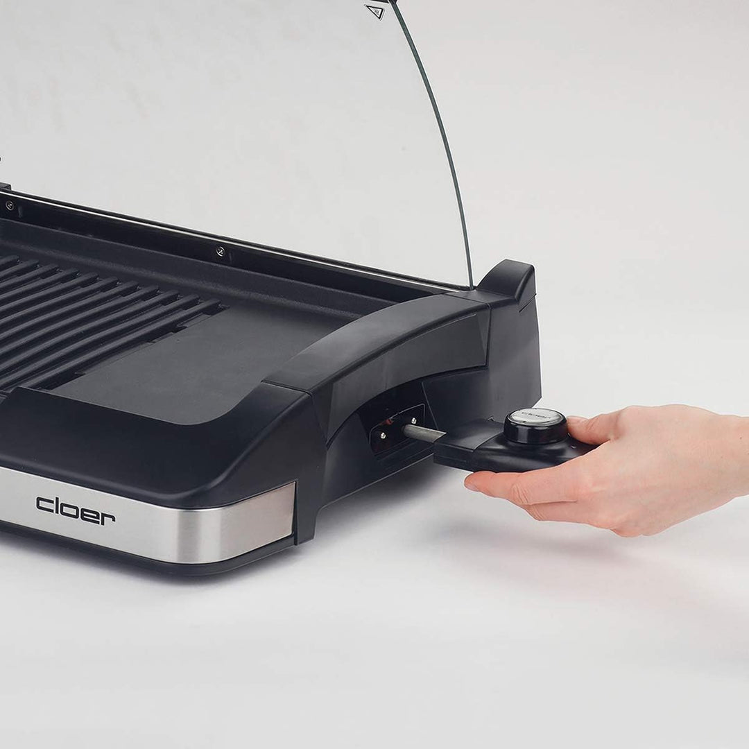 Cloer 6720 Barbecue-Grill mit Aluminium-Druckgussplatte, Antihaftbeschichtet, Glasdeckel, 2200 Watt,