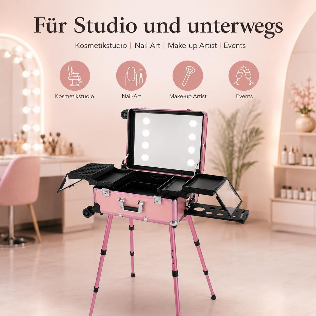 Kosmetikkoffer Trolley mit LED-Spiegel, Rosa, Aluminium, 82 cm | Ausziehbare Beine, 49 x 36 cm Spieg