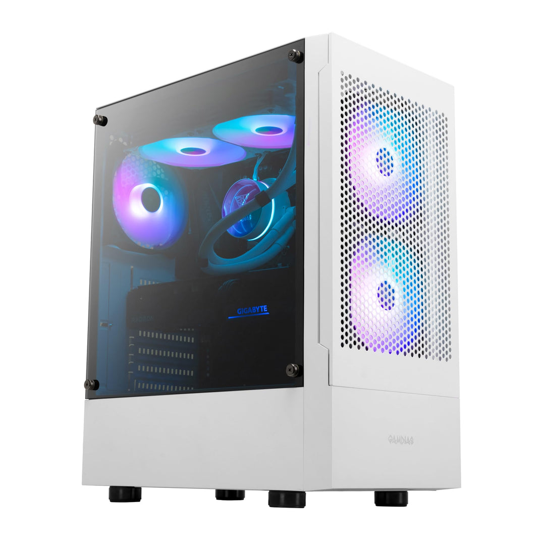 GAMDIAS Talos E3 Mesh WH Gaming PC-Gehäuse, Mid-Tower ATX-Gehäuse mit seitlicher gehärteter Glassche