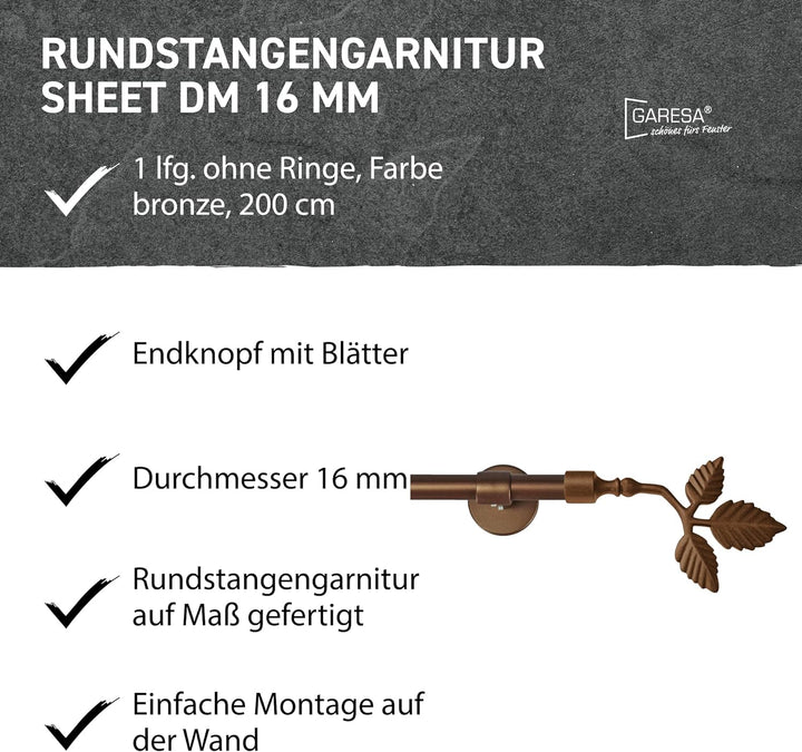 Garesa Gardinenstange Sheet Ø 16mm, 1-läufig, Bronze I Stabile Vorhangstange ohne Ringe I Mit Endkop