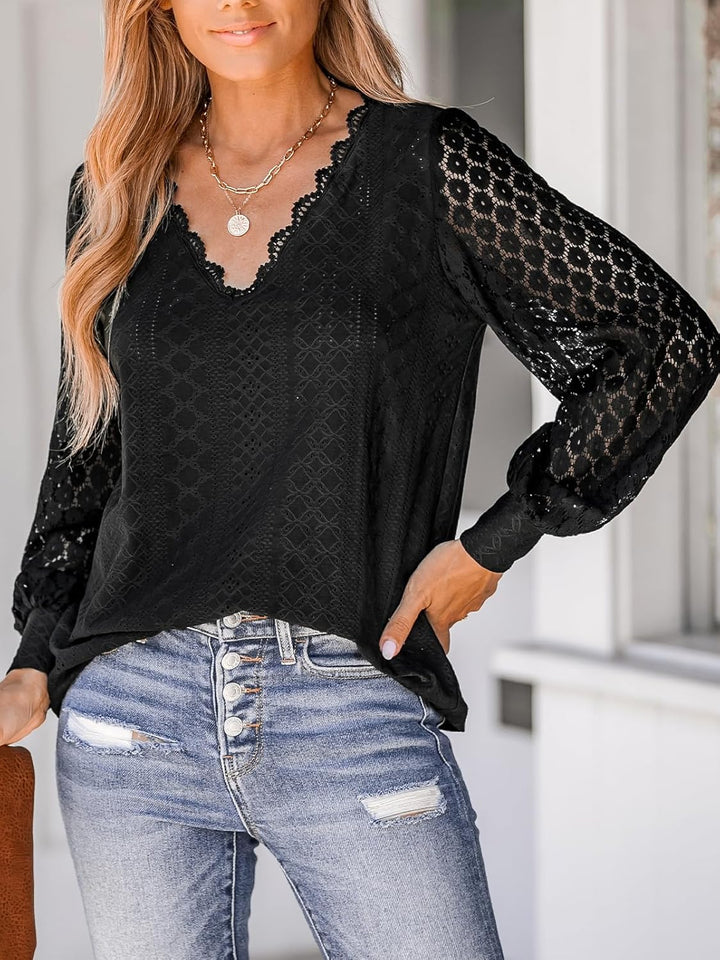 CUPSHE Damen Blusen V-Ausschnitt Spitzen Wellenkante Puffärmel Langarmshirt Lässige Lace Oberteile T