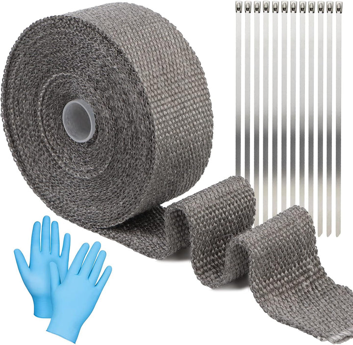 Hitzeschutzband 10M, Basaltfaser Hitzeschutzband Auspuff, mit 12 Kabelbinder und 1 Paar Gummihandsch