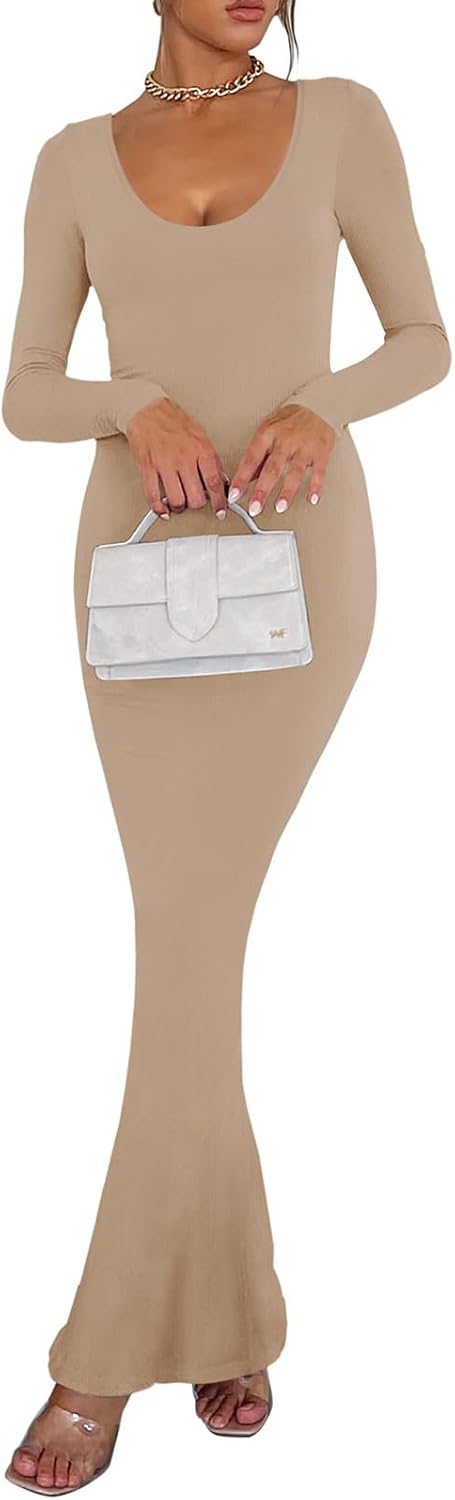 REORIA Damen Sexy U-Ausschnitt Langarm Lounge Langes Kleid Gerippte figurbetonte Maxikleider XS Khak