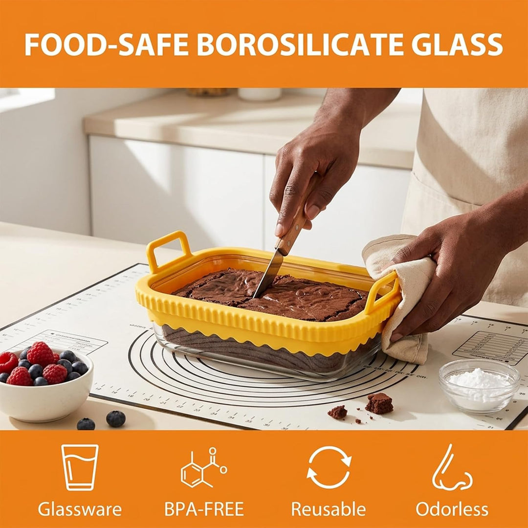 Cozary Glas Auflaufform für Airfryer mit Silikongriff &amp; Deckel, 21x16x6,5cm für Heissluftfritteuse M