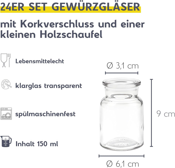 mikken 24 Gewürzgläser 150ml mit Korken – runde Glasbehälter mit Kork-Verschluss inkl. Holzschaufel