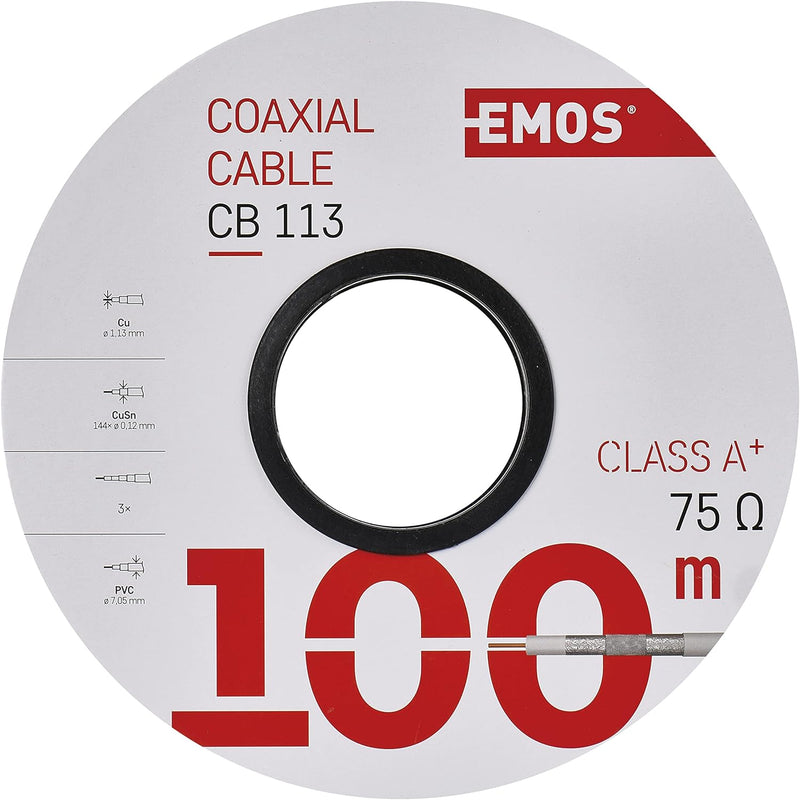 EMOS Antennenkabel 100m weiss, Koaxialkabel CLASS A für SAT, TV und CCTV, Typ CB113, dreifach geschi