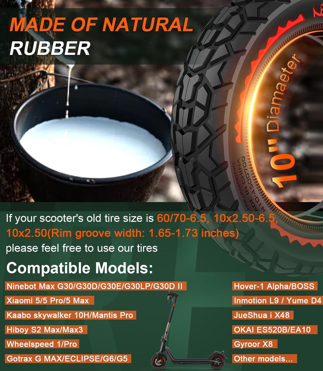 BANGTING 2PCS 60/70-6.5 E Scooter Reifen Tubeless - 10x2.50-6.5 Pannensichere Vollgummireifen, 10x2.