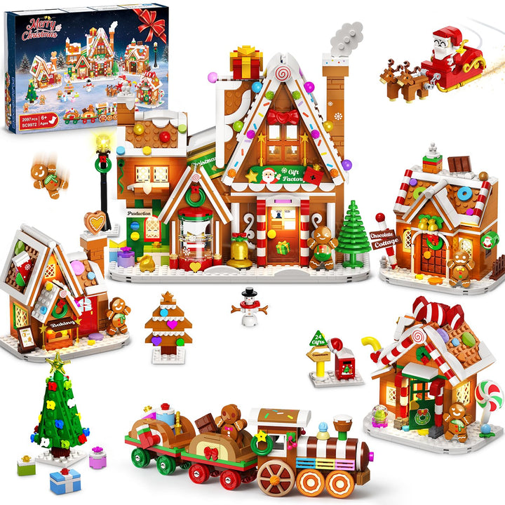 PLAXSOON Weihnachten Lebkuchenhaus Geschenkefabrik Mini Bauset mit Licht
