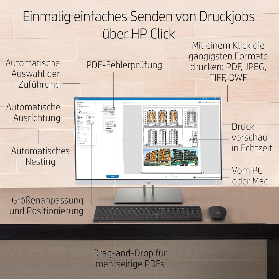 HP DesignJet T650 Grossformatdrucker, 24 Zoll, bis zu A1, mobiles Drucken, Wi-Fi, Gigabit Ethernet,