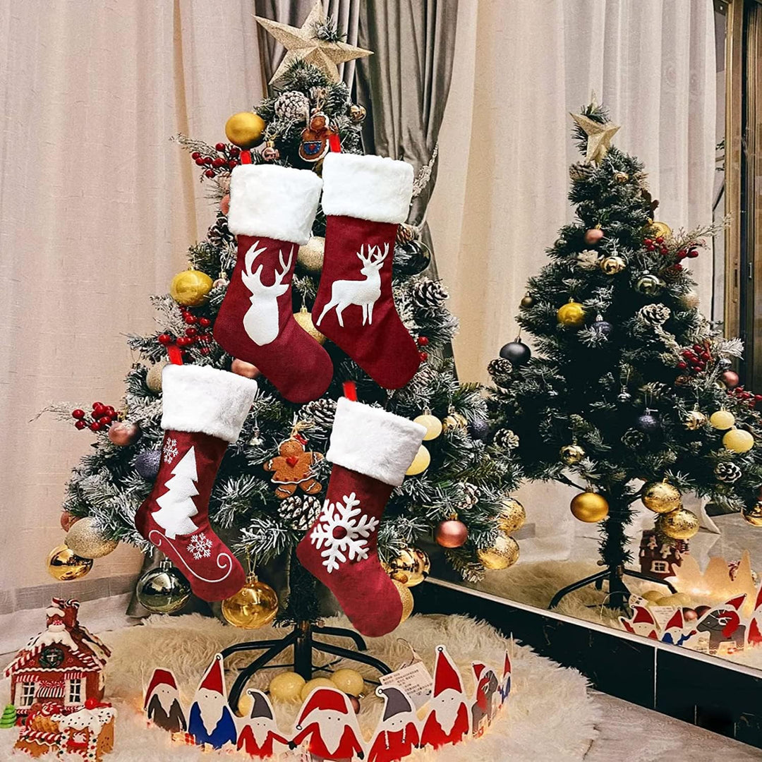 Dremisland Grosse Weihnachtsstrumpfe 4er Set, 46cm Rot Weiss Weihnachtsstrümpfe mit Rentier Plüsch F