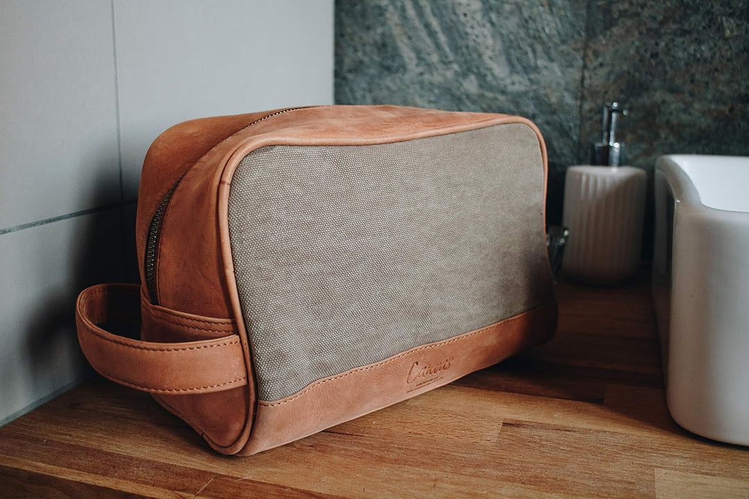 HOLZRICHTER Berlin - Kulturtasche aus Leder & Canvas für Damen & Herren (No-3-1), Kulturbeutel 15x25