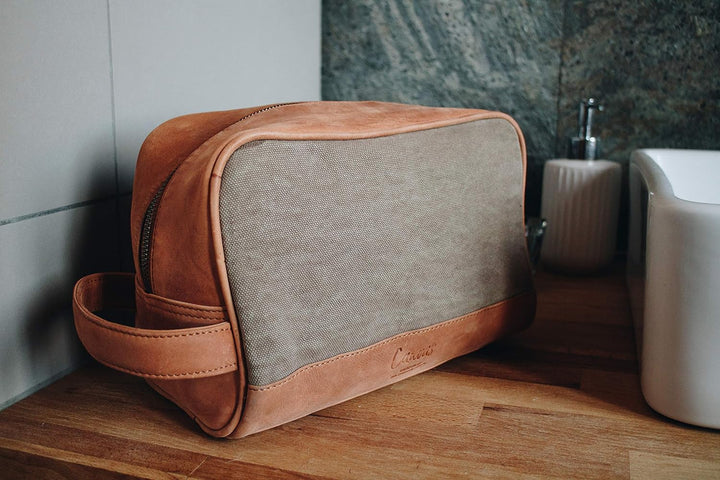 HOLZRICHTER Berlin - Kulturtasche aus Leder & Canvas für Damen & Herren (No-3-1), Kulturbeutel 15x25