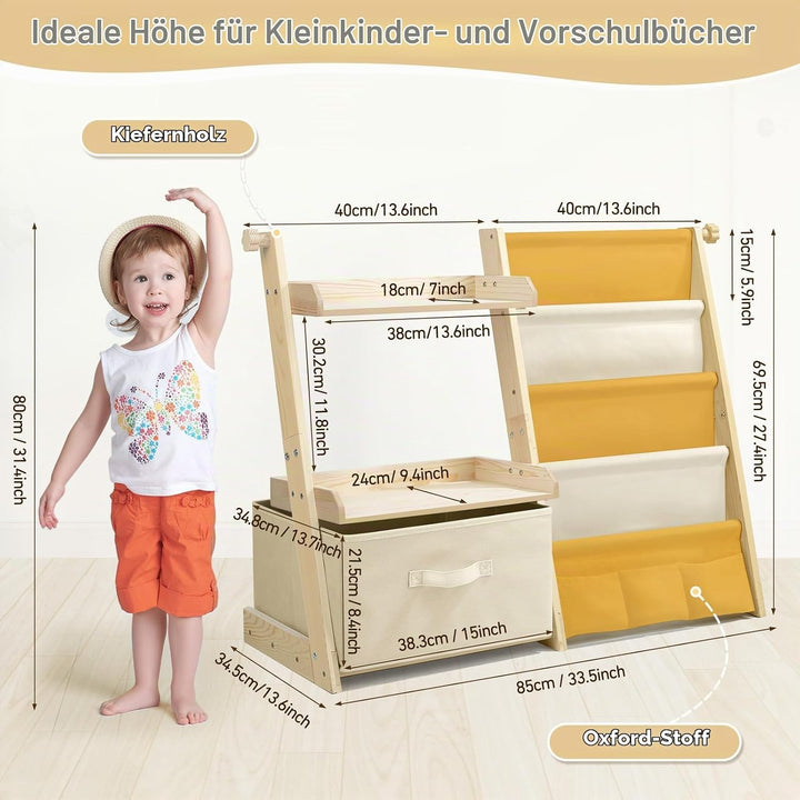 Bücherregal Kinder Kinderzimmer Spielzeug Aufbewahrung - Gelb | 4 Regalebenen &amp; Aufbewahrungsbox, Ki