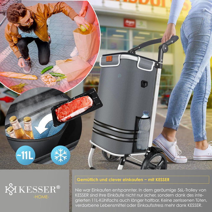KESSER® Einkaufstrolley klappbar mit 56L Kapazität und belastbar bis 50kg | 3in1 Trolley Sackkarre &amp;
