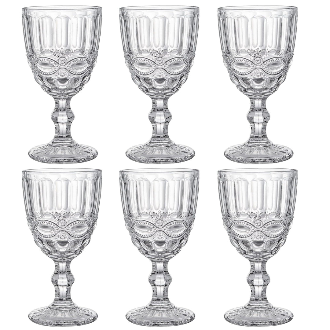 GMMH Vintage 6er-Set Farbige Weingläser Trinkgläser mit Prägung (Schleife/Klar/250 ml) Hochzeitsgläs