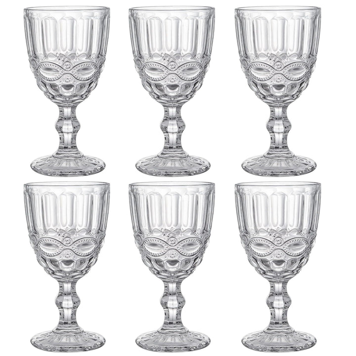 GMMH Vintage 6er-Set Farbige Weingläser Trinkgläser mit Prägung (Schleife/Klar/250 ml) Hochzeitsgläs