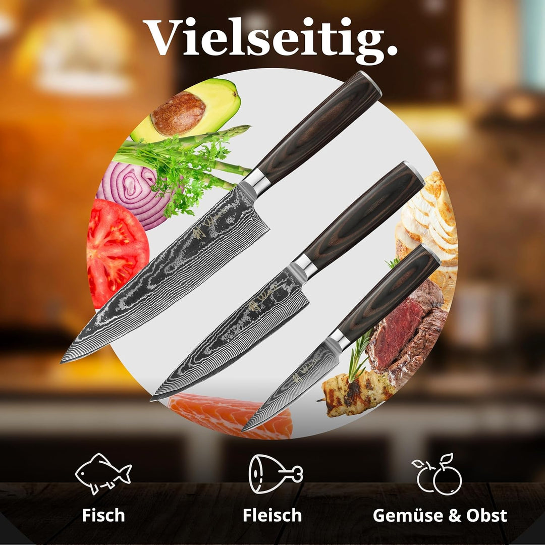 Wakoli EDIB Essentials 3er Küchenmesser Set mit 8-17cm Klingen I 67 Lagen Damaststahl I Chefmesser,