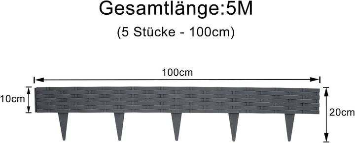 YUENFONG 5m Beeteinfassung Rasenkante Biegbarer Beetumrandungen Kunststoff Rasenkanten, Rattan-Optik