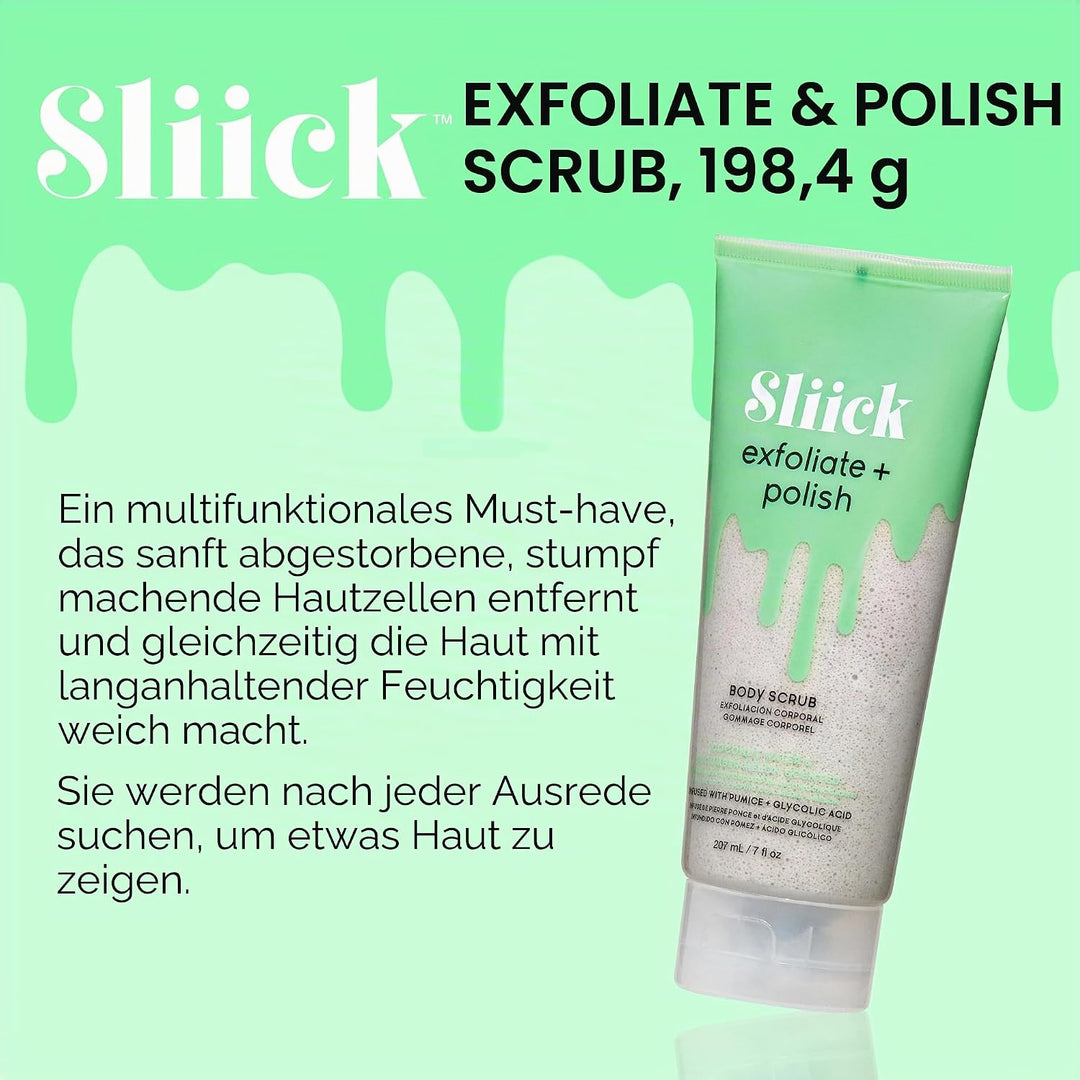 Sliick Exfoliate & Polish Body Scrub Bimsstein und Glykolsäure vor und nach dem Wachsen