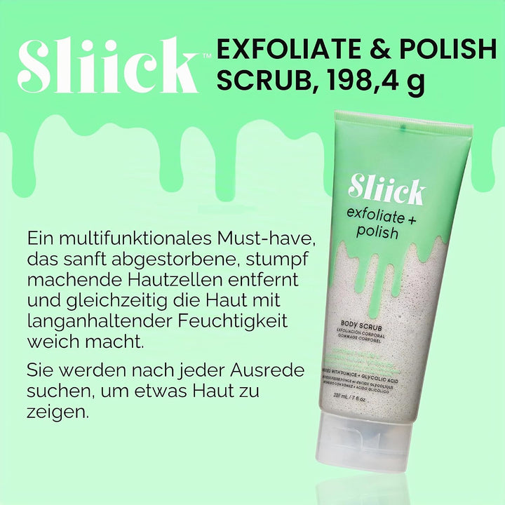 Sliick Exfoliate & Polish Body Scrub Bimsstein und Glykolsäure vor und nach dem Wachsen