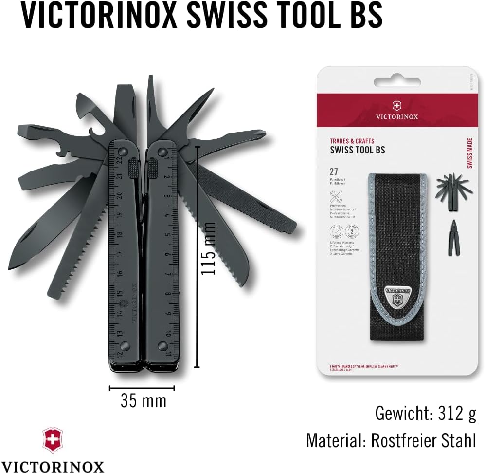 Victorinox Multifunktionstool, Swiss Tool BS mit Nylon-Gürteletui, Taschen Werkzeug, 27 Funktionen,