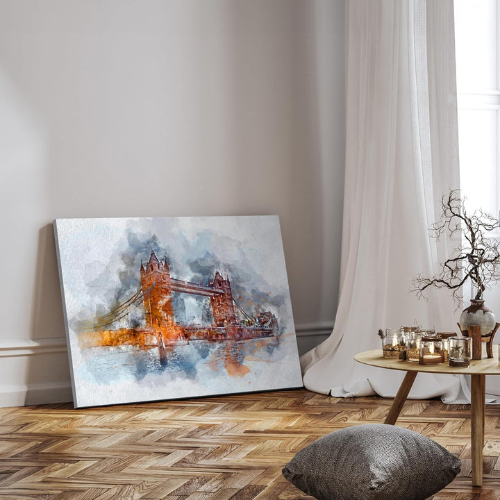 wandmotiv24 Leinwandbild Malerei, 80x60cm, Querformat, London, Tower Bridge, Deko, Bilder auf Leinwa