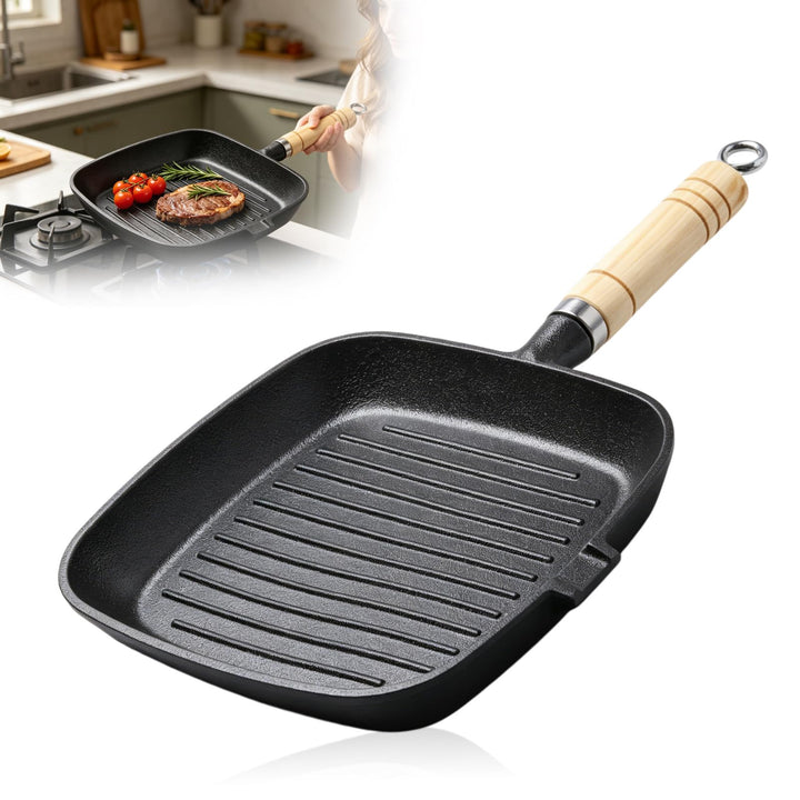 Grillpfanne 22x22 cm, Steakpfanne mit Ausgiesser und Holzgriff Geeignet für Induktion und Herdarten