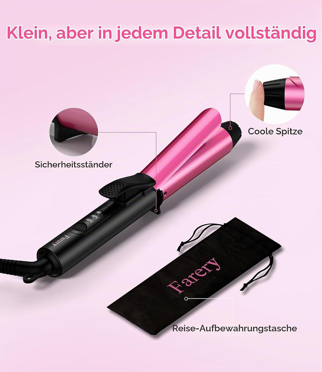 FARERY Mini Lockenstab, 25mm Lockenstab Für Kurze Haare mit 3 Einstellbaren Temperaturstufen, Kerami