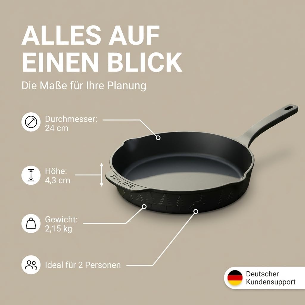 FIXLINE® BLACK FOREST Gusseisenpfanne 24cm - Induktion und alle Herdarten - Emailliert für kein Rost