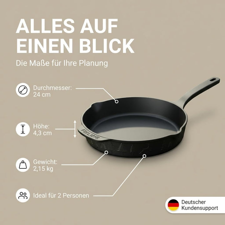 FIXLINE® BLACK FOREST Gusseisenpfanne 24cm - Induktion und alle Herdarten - Emailliert für kein Rost