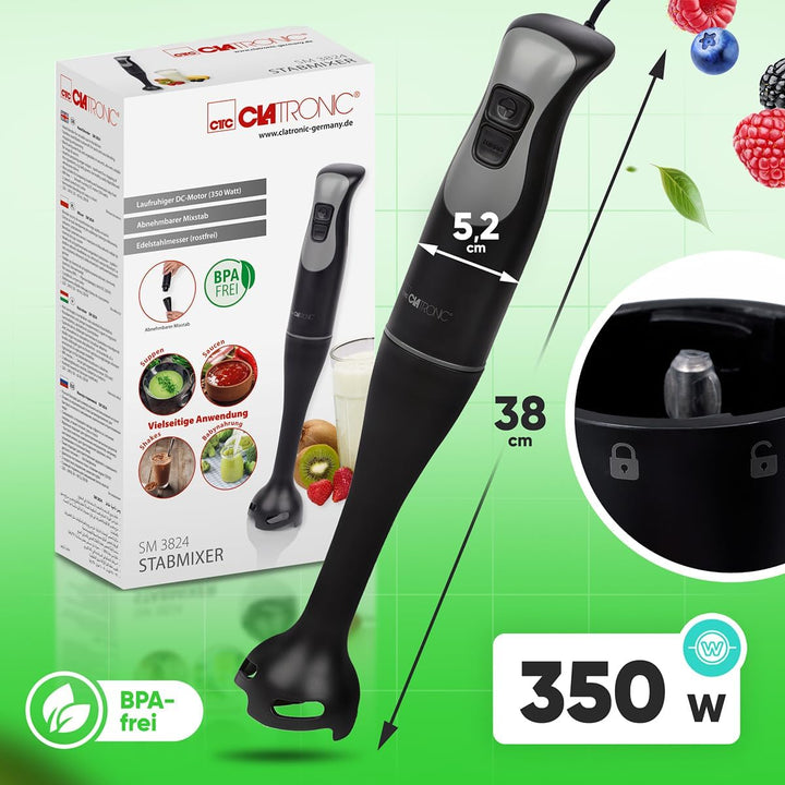 Clatronic® Stabmixer für Smoothies Shakes Suppen | Turbo-Funktion | 350W Pürierstab | Edelstahlmesse