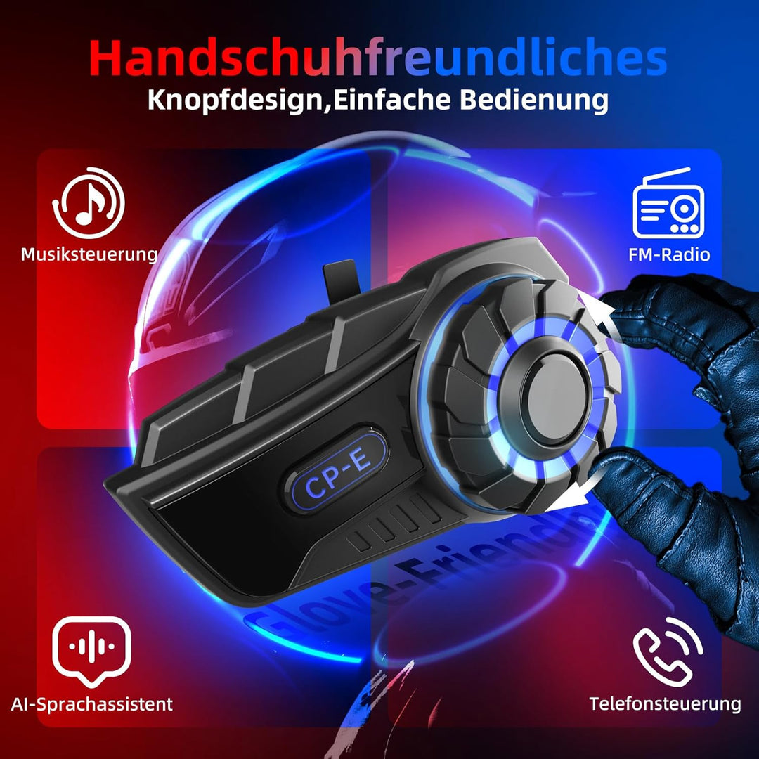 Moman Motorrad Headset Intercom, CP-E Motorradhelm Kommunikationssystem für 6 Fahrer mit 2000M HiFi-