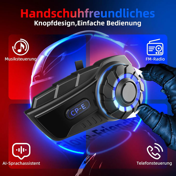 Moman Motorrad Headset Intercom, CP-E Motorradhelm Kommunikationssystem für 6 Fahrer mit 2000M HiFi-