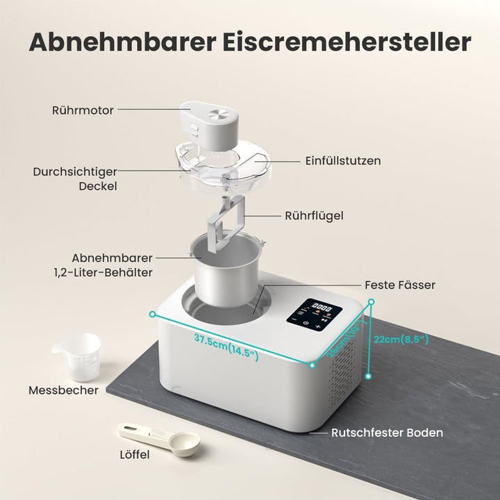 Acmeenjoy Eismaschine mit Kompressor 1,2L, Eismaschine Selbstkühlend 110W, mit Entnehmbarem Eisbehäl