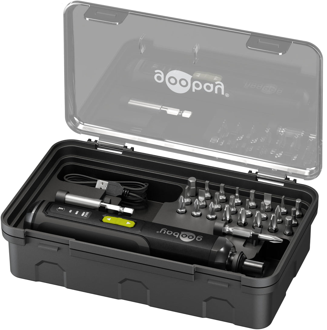 goobay Mini-Akkuschrauber-Set 28 teilig - 24 Bits, 1 Verlängerung, 1 Halterung und 1 Adapter aus Chr