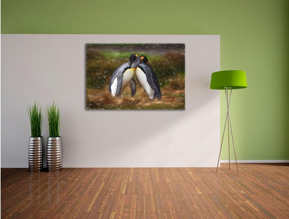Umarmende Pinguine in der Antarktis Kunst Buntstift Effekt, Format: 100x70 auf Leinwand, XXL riesige