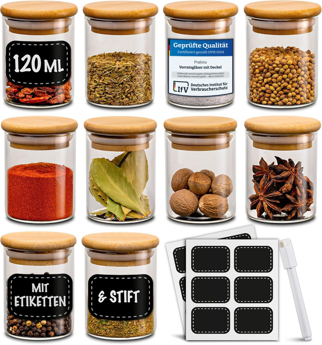 Praknu Gewürzgläser 120ml - 10er Set Gewürzdosen Organizer mit Gewürzetiketten - Luftdicht - Spülmas