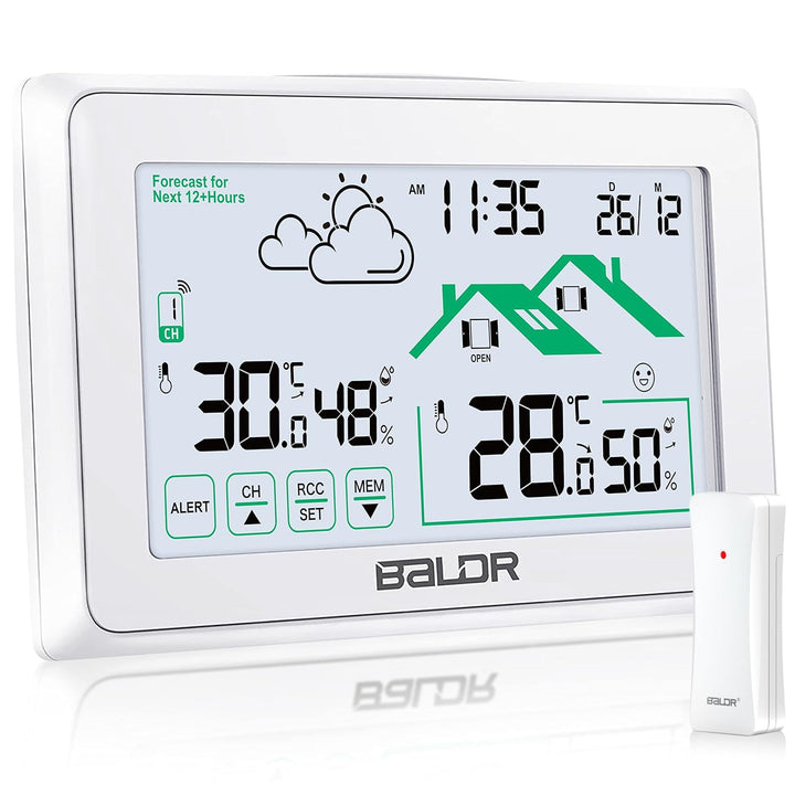 BALDR Wetterstation Funk mit Aussensensor, Digital DCF-Funkuhr mit Wettervorhersage, Lüftungsempfehl