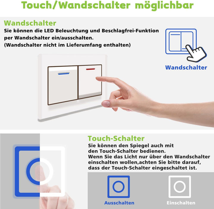 Aica Sanitär Runder LED Badspiegel Rund 80cm 3 Lichfarbe dimmbar Memory Wand/Touchschalter Anti-Besc