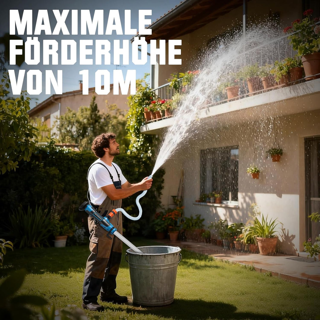 Akku Regenfasspumpe Wasserpumpe mit 2xAkkus, Kabellose Stab-Wasserpumpe, Max. Förderleistung 3000 L/