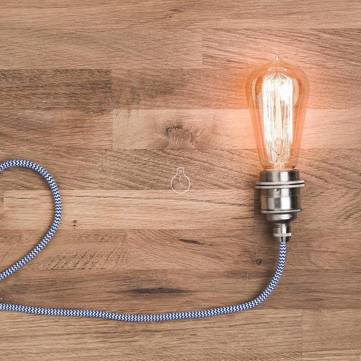 Amarcords - Textilkabel für Lampen WEISS-BLAUES ZICKZACK, rund, Seide, 5 Meter, mit 2 Leiter 2x0,75