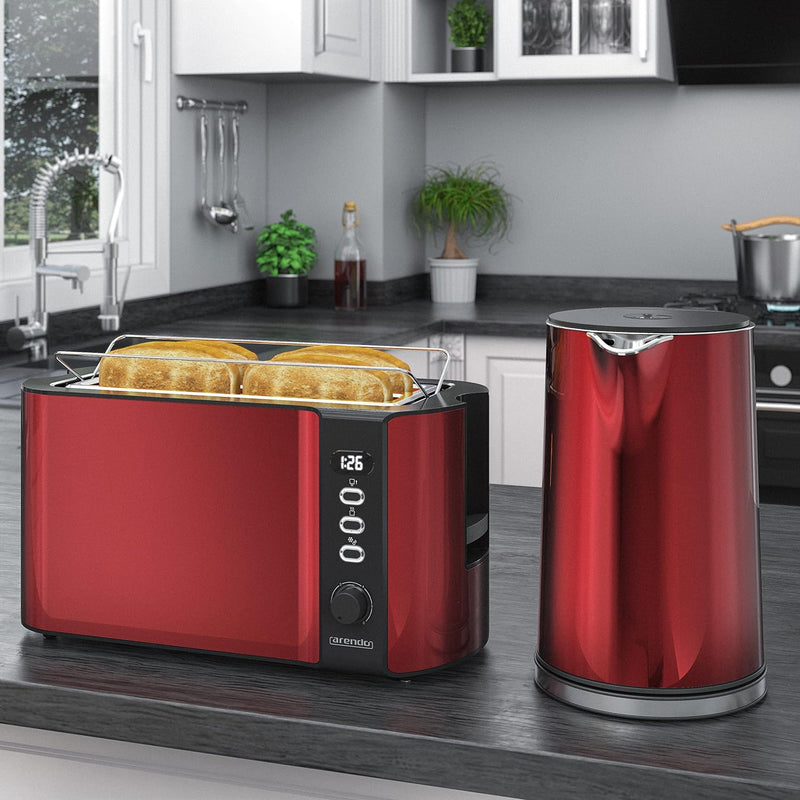 Arendo - Wasserkocher und Toaster Set Edelstahl Rot, Wasserkocher 1,5L, 40° 100°C Warmhaltefunktion