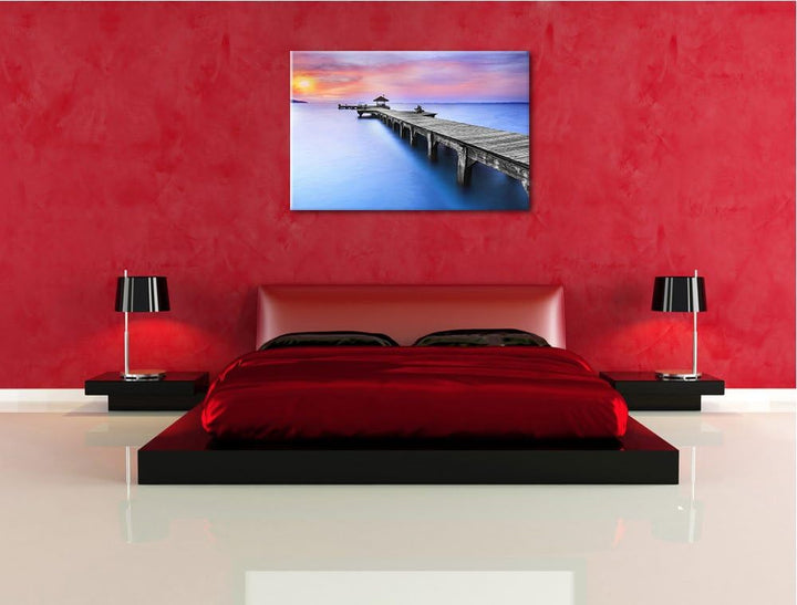 langer Steg mit kleinem Pavillon schwarz/weiss Format: 100x70 auf Leinwand, XXL riesige Bilder ferti