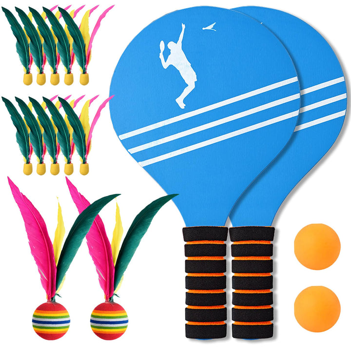 YOUYIKE Beachball Set, Beach Ball Spiel Set, 2 Schläger, 12 Federbälle, 2 Bälle, Paddle Ball Spiel K