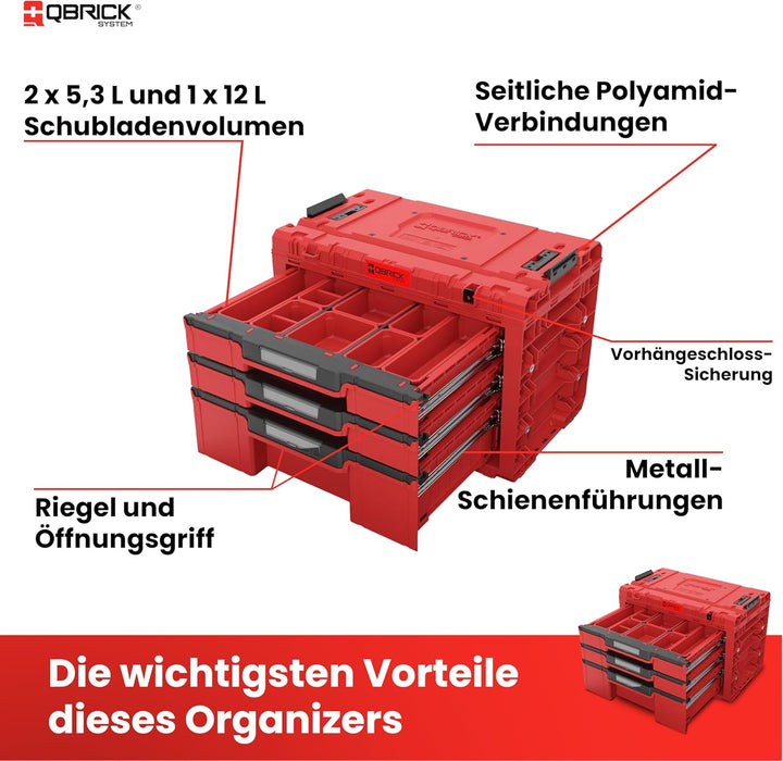 Qbrick System Werkzeugkoffer Sortierbox Leer - 3 Schubladen - Werkzeugkiste - 542 x 335 x 369 mm Rot
