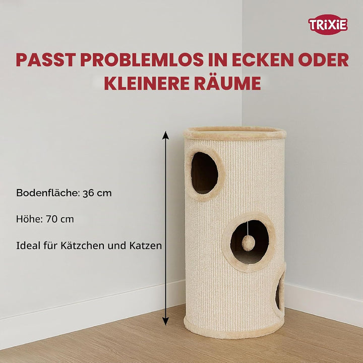 TRIXIE Kratztonne für Katzen Samuel 70 cm in natur/beige – dreistöckige Katzentonne mit gepolsterter