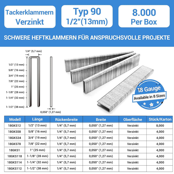 meite 18 Gauge K-Serie oder 90-Serie 1/4-Zoll Krone mit Schenkellängen von 1/2-Zoll bis 1-1/2-Zoll,