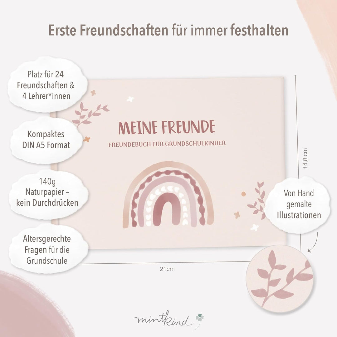 mintkind® „Meine Schulfreunde“ Freundebuch Schule Mädchen und Jungen Boho Design | Freundschaftsbuch